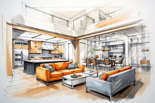 Colored interior design sketch of a modern living room and kitchen. Generative AI.