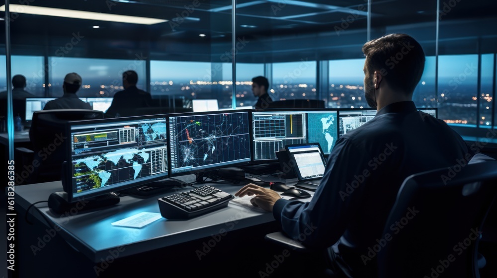 Sticker network operations center ( noc) with technicians monitoring network traffic, troubleshooting issues