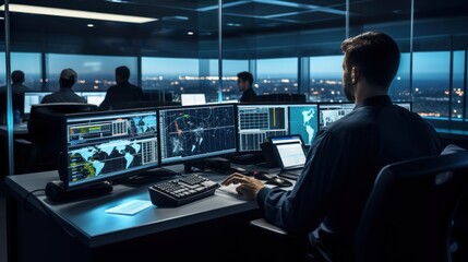 Network operations center ( NOC) with technicians monitoring network traffic, troubleshooting issues, and ensuring network performance