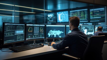 Network operations center ( NOC) with technicians monitoring network traffic, troubleshooting issues, and ensuring network performance