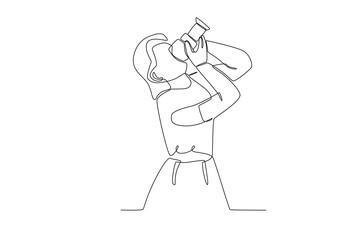 A woman takes a picture of the top view. World photography day one-line drawing