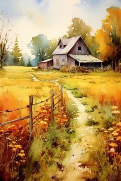 Watercolor stunning landscape of golden fields. AI generated