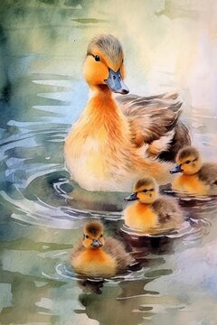 Watercolor sweet scene of a mother duck and her duck. AI generated