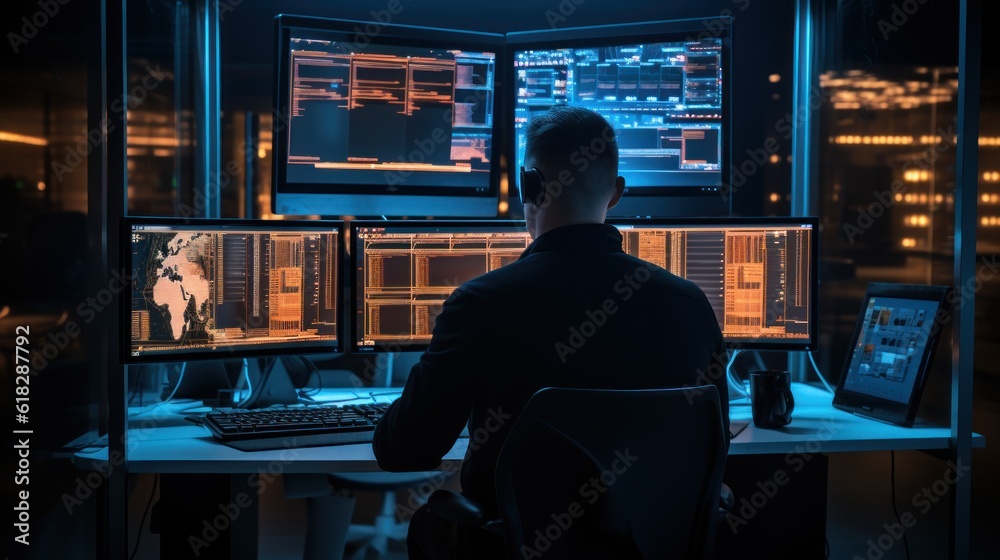 Poster network operations center with technicians monitoring network traffic, troubleshooting issues, and e