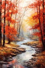 Watercolor tranquil autumn stream with colorful foli. AI generated