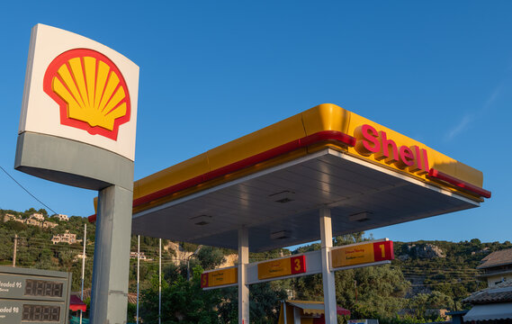 Lefkada island. Greece- 06.13.2023. The logo, symbol and the name of the American oil company Shell on one of its petrol stations.