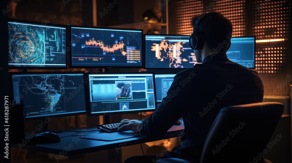Poster network operations center with technicians monitoring network traffic, troubleshooting issues, and e
