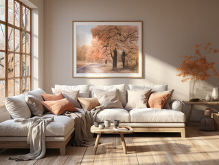 Cozy Scandinavian interior with sofa and minimal decor, Mockups Design 3D, High-quality Mockups, Generative Ai