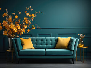 Dark Home Interior mockup with turquoise sofa, Mockups Design 3D, High-quality Mockups, Generative Ai