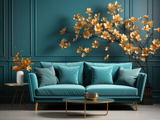 Dark Home Interior mockup with turquoise sofa, Mockups Design 3D, High-quality Mockups, Generative Ai