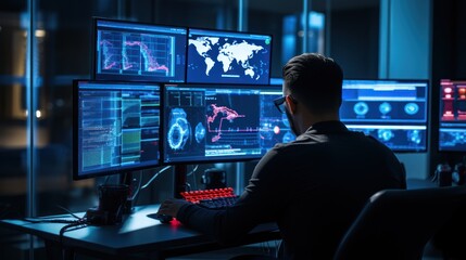 Network operations center with technicians monitoring network traffic, troubleshooting issues, and ensuring network performance