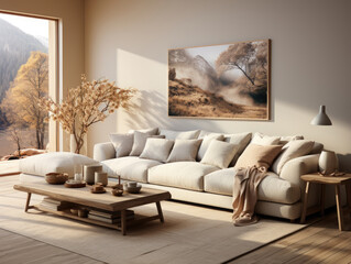 Home interior in neutral colors living room with sofa, Mockups Design 3D, High-quality Mockups, Generative Ai