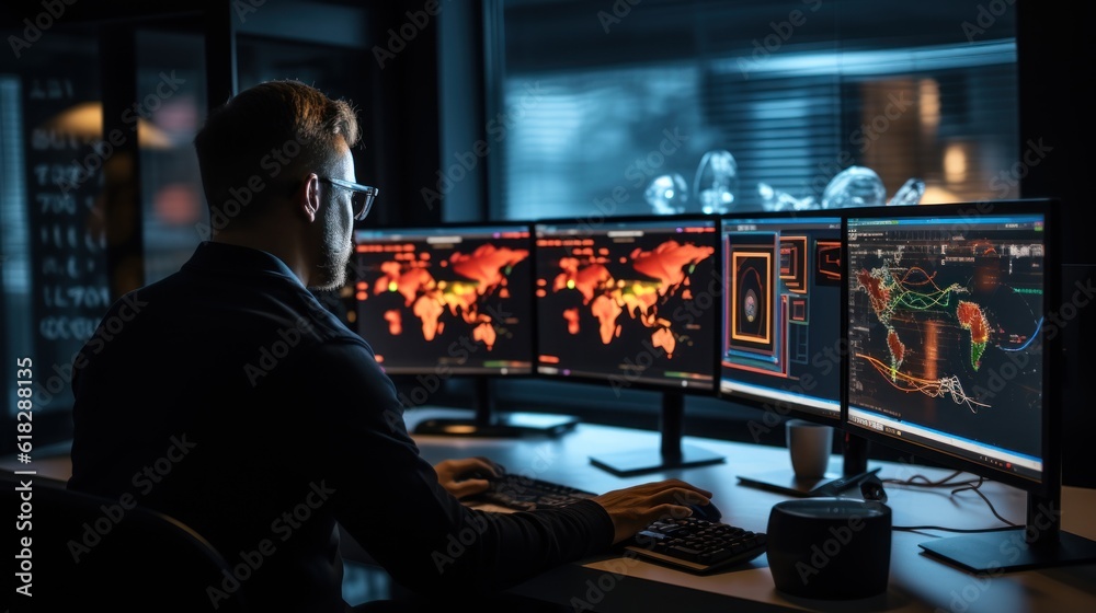 Poster network operations center with technicians monitoring network traffic, troubleshooting issues, and e