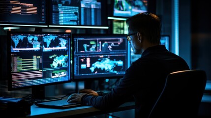 Network operations center with technicians monitoring network traffic, troubleshooting issues, and ensuring network performance