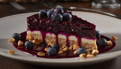 Indulgent homemade berry cheesecake on wooden plate generated by AI