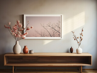 Mock Up poster frame on wooden cabinet in home , Mockups Design 3D, High-quality Mockups, Generative Ai