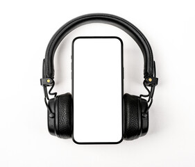 Mobile phone screen mock up and headphones