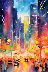 Watercolor vibrant city skyline with busy streets. AI generated