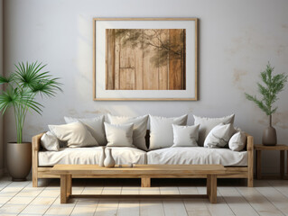Poster Wall Mockup in beige interior with white sofa, Mockups Design 3D, High-quality Mockups, Generative Ai
