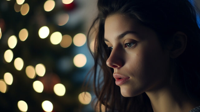 sad pensive young adult woman ,caucasian, christmas tree bokeh lights in background