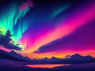 Fototapeta na wymiar Aurora northern vibrant gradient Lights over tree mountain beautiful purple, green starry sky