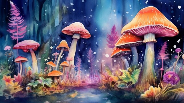 Watercolor Whimsical Mushroom Forest With Fairies. AI Generated