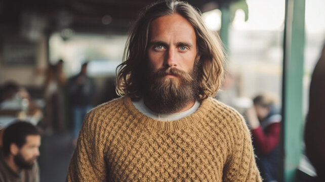 Typical Everyday Life, Adult Man In A Cafe Or Restaurant Or Excursion Destination, Fictional Place, Knitted Sweater, Long Full Beard, Long Hair, Hippie, 30s, Sunny Day, People Or Tourists