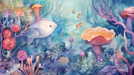 Watercolor whimsical underwater world with sea creat. AI generated