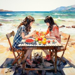 A high school two girls artist is painting landscape and still life with fruits and watermelon on background seaside beach.