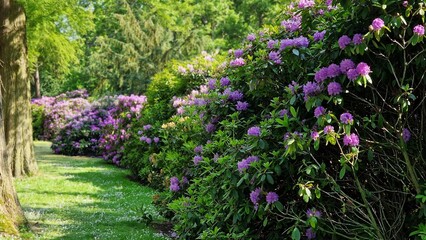 Blooming rhododendron bushes in the garden. Spring landscape.