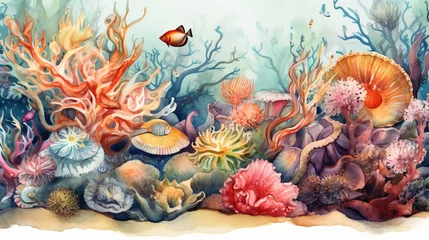 Zelfklevend Fotobehang Watercolor whimsical underwater world with sea creat. AI generated © Olive Studio