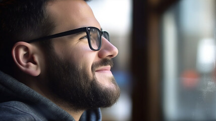 Obraz premium 30s, adult man with glasses, beard, hopeful optimistic good humor, at a window,