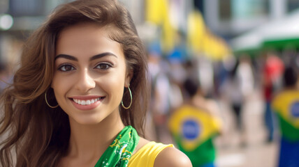 young adult brazilian captivating beautiful woman, soccer event or in front of a soccer stadium, with the colors of brazil, tan long hair