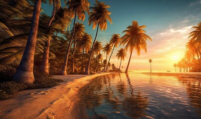  a painting of a tropical beach with palm trees and a sunset.  generative ai