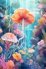 Fototapeta na wymiar Watercolor whimsical underwater world with sea creat. AI generated