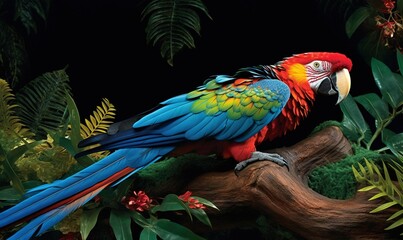  a colorful parrot sitting on a branch in a forest of plants.  generative ai