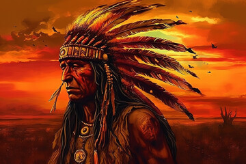 Illustration of a native american indian chief at sunset, art. Generative AI