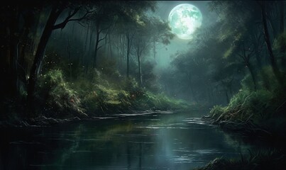  a painting of a river in a forest with a full moon.  generative ai