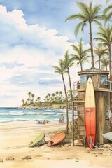 Watercolorn idyllic beach scene with lifeguards. AI generated