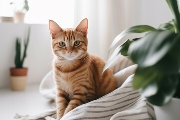 Ginger cute kitten sitting in Scandinavian interior room. Generative AI