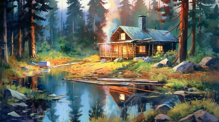 Watercolorn idyllic mountain cabin with a fire lit. AI generated