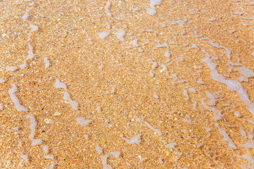 Sea wave foam on the sandy shore. Background. Space for text.