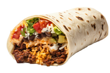A delicious burrito filled with minced meat and vegetables, fast food, white background, isolated, generative ai - obrazy, fototapety, plakaty