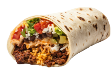 A delicious burrito filled with minced meat and vegetables, fast food, white background, isolated, generative ai