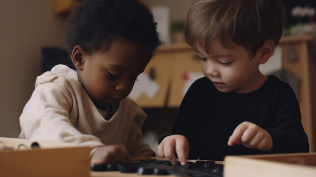 Generative AI, children, boys and girls of different nationalities play together, friendship of peoples, Europeans, African Americans, Indians, Asians, Chinese, kindergarten, diversity
