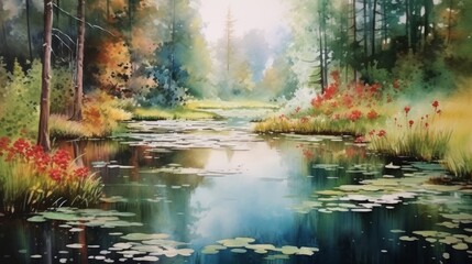 Watercolor peaceful pond surrounded by trees. AI generated