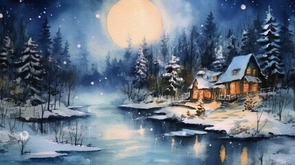 Watercolor serene winter night with a full moon. AI generated