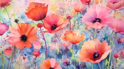 Watercolor vibrant garden full of blooming flowers. AI generated