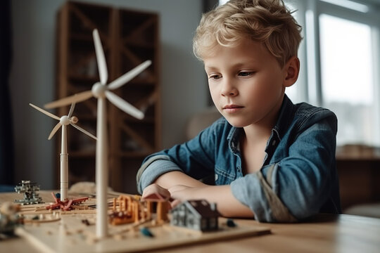 Child at school with the model of a wind power plant. Generative AI
