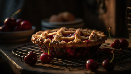Sweet berry pie baked on rustic wood table generated by AI